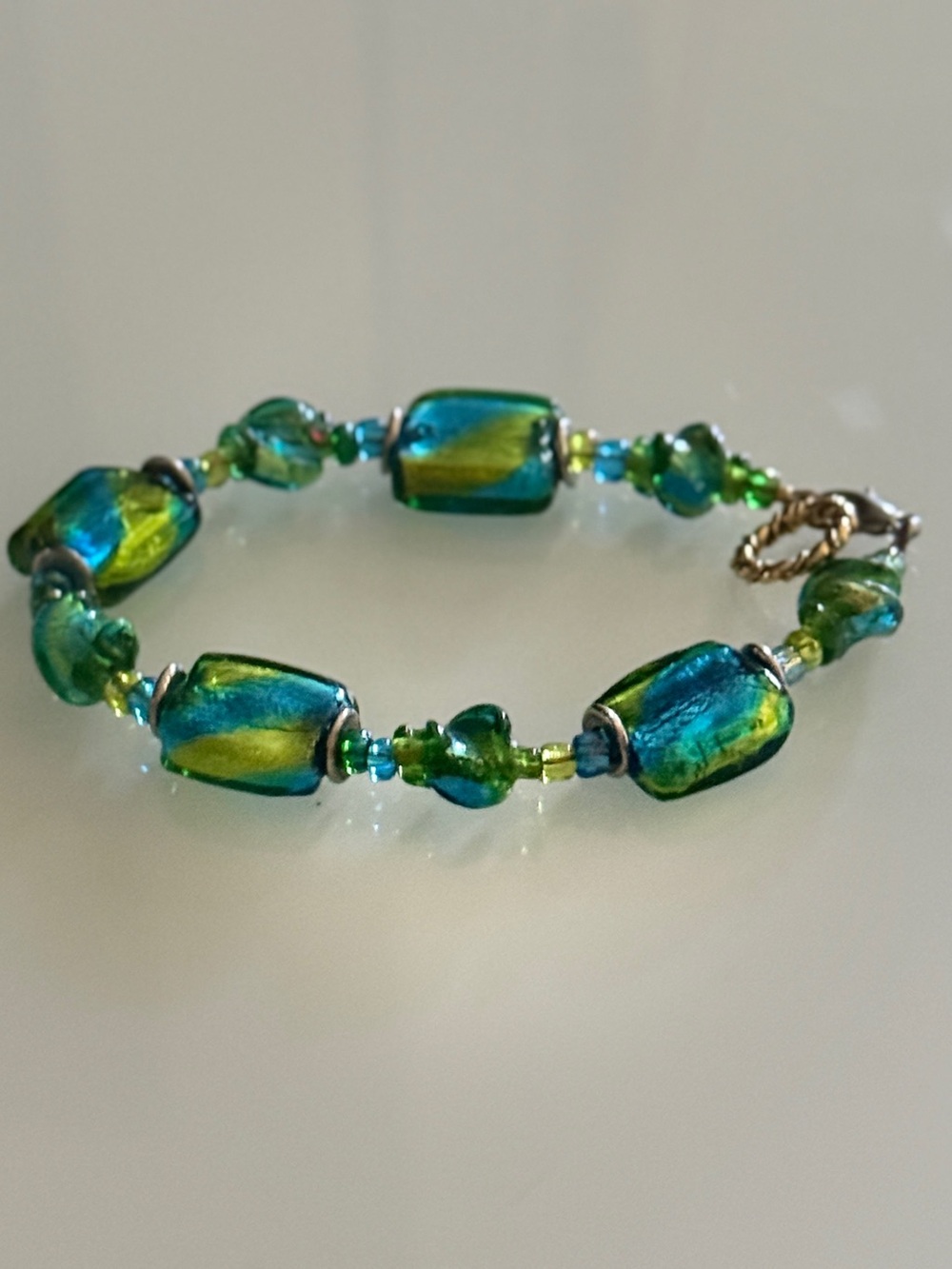 Teal Aqua Green Silver Foil Murano Glass Bead Bracelet Mixed Tone Clasp Findings